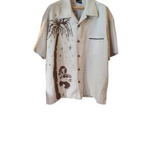 Steady Last Call Mens XL Tan Hula Girl Palm Tree Rockabilly Camp Shirt LC35014